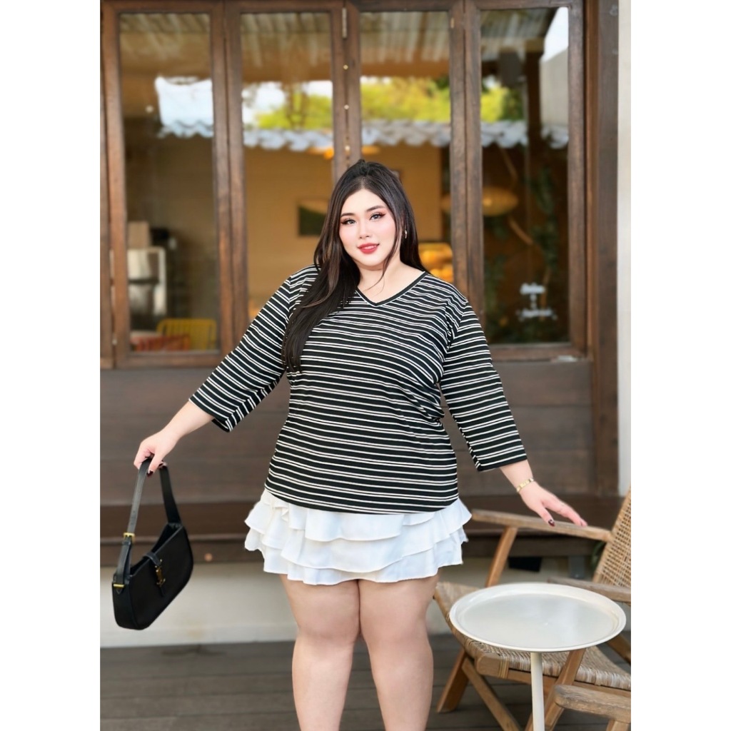 เสื้อคอวี แขน 3 ส่วน **ลายริ้ว**ผ้ายืดหยุ่นดี 40"-60"(กรุณาอ่านไซส์ในรายละเอียดก่อนสั่งซื้อ)