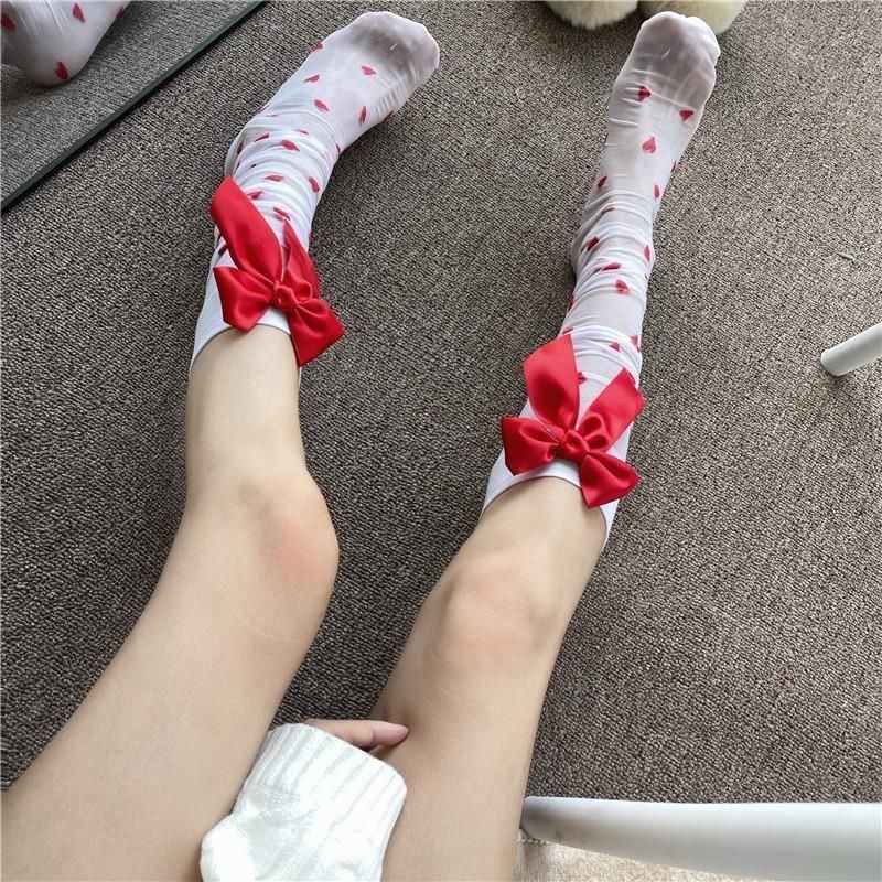 ถุงเท้ายาวถึงต้นขา  ลายหัวใจแต่งโบว์ มี 2 สีให้เลือก JK ถุงน่องยูนิฟอร์ม ราคา ถูกที่สุด ดีลบีเคเค แกลเลอรีภาพที่ 6