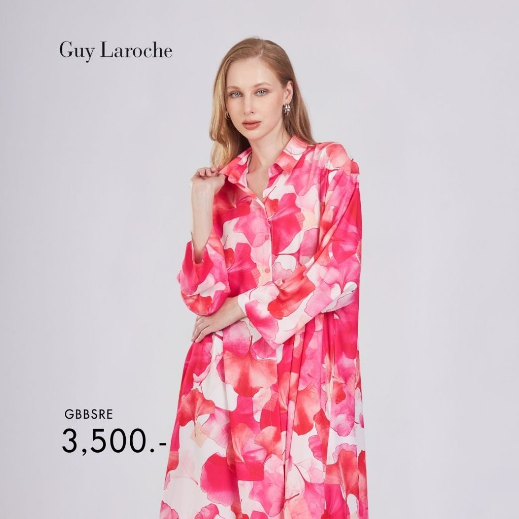 Guy laroche เดรสยาว พิ้งค์กิงโกะ pink gingko ทรงหลวม แขนยาว สีชมพู GBBSRE