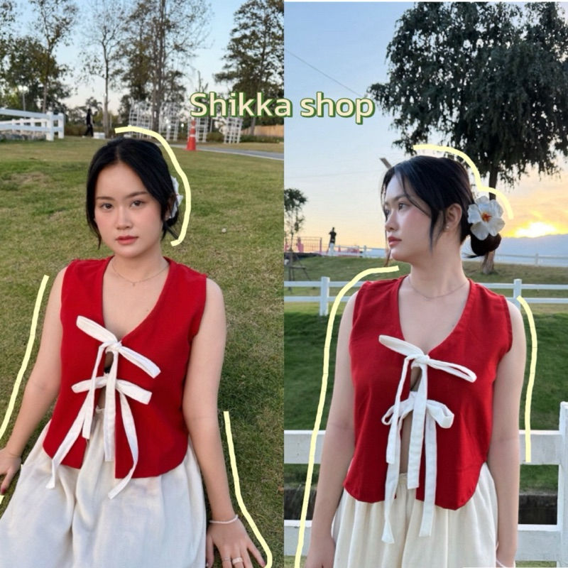 New เสื้อกั๊กแขนกุดมัดโบว์ผ้าฝ้าย