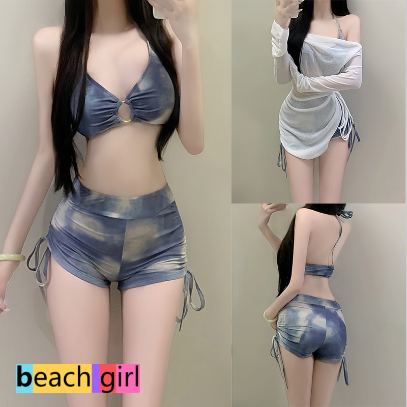 🏖beachgirl🏖ชุดบิกินี่ ชุดว่ายน้ำผู้หญิง เสื้อคลุม+ชุดว่ายน้ำ สไตล์เซ็กซี่ ผูกคอ เซ็ท3ชิ้น ผอมเพรียว