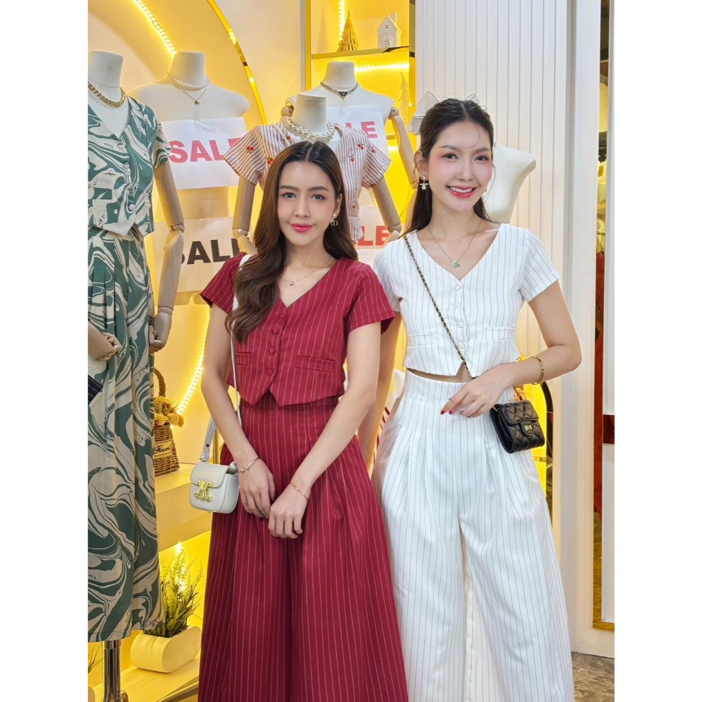 3166-Mui Muiชุดเซตลายริ้วเล็กคอวีกางเกงทรงขาบาน