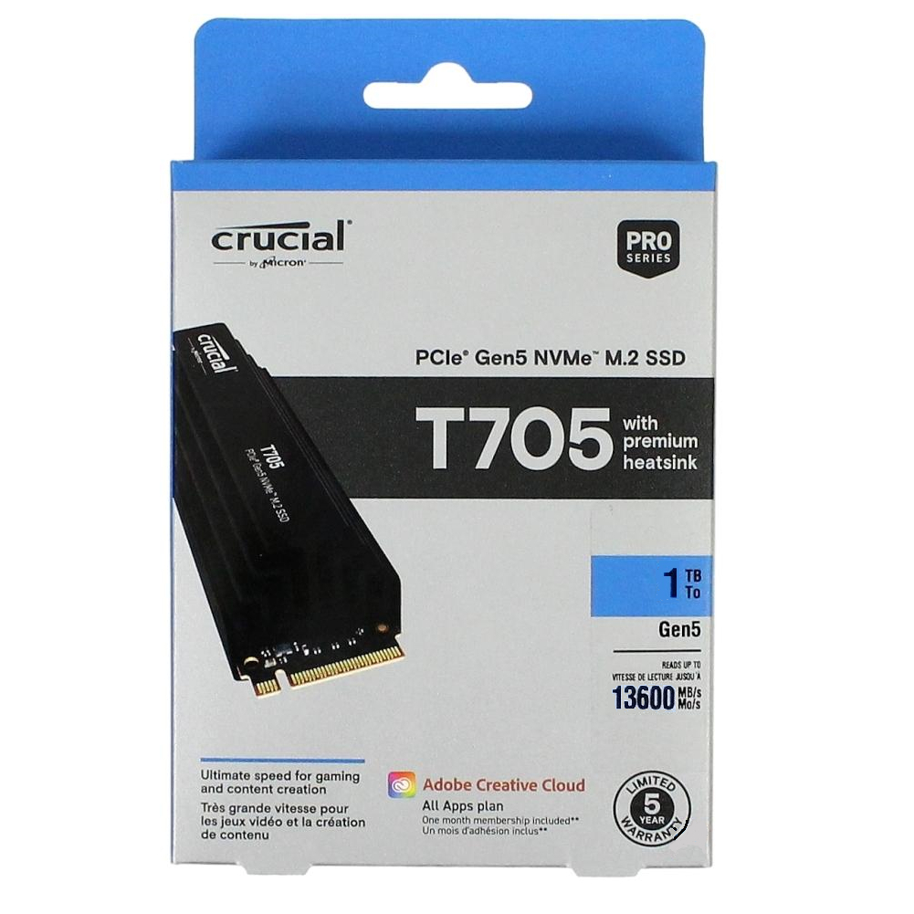 Crucial 1TB T705 NVMe Gen5 M.2 SSD with heatsink