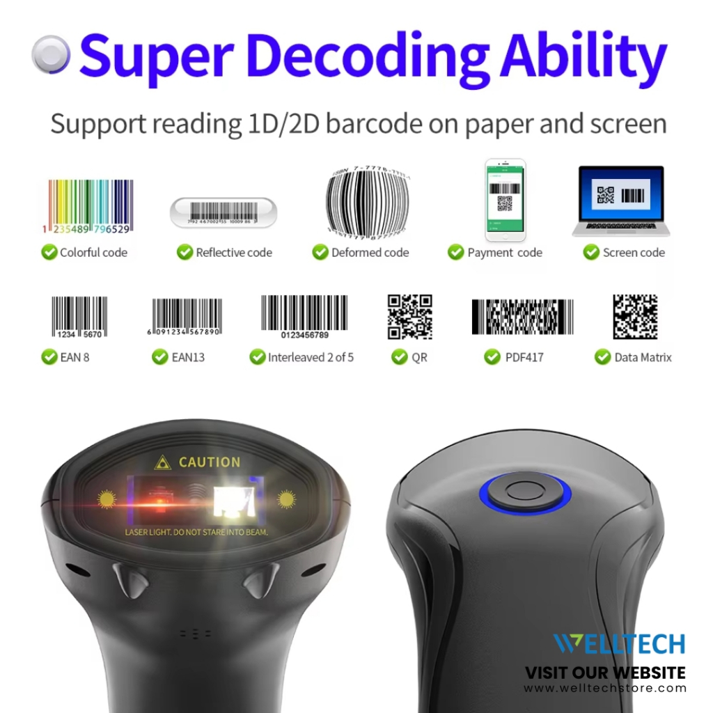 WELLTECH เครื่องสแกนบาร์โค้ดไร้สาย อ่านบาร์โค้ด 1D 2D QR Barcode Scanner รุ่น X-3500B