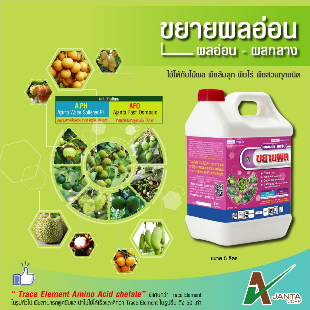 ขยายผล ขยายผลอ่อน ปุ๋ยทางใบ ใช้ตั้งแต่ผลเล็ก - ผลกลาง ขั้วผลเหนียว ป้องกันผลแตก ผลร่วง เอเจนต้า คอร์ป (5 ลิตร)