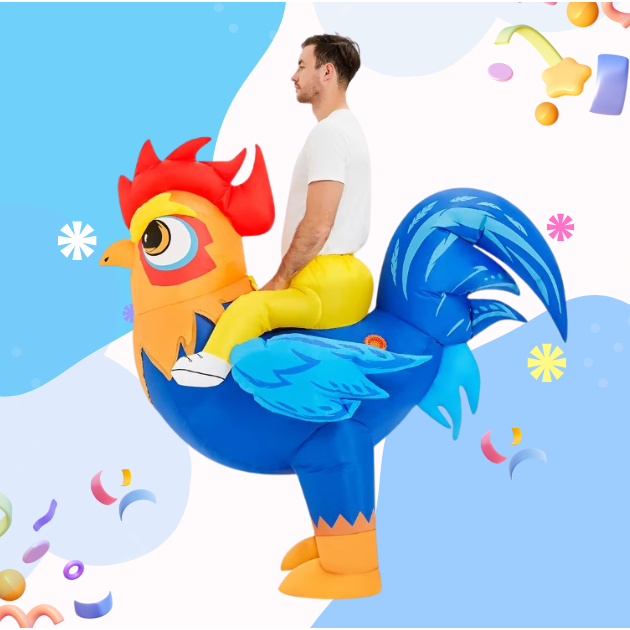 ชุดมาสคอตขี่ไก่เป่าลม ชุดแฟนซีไก่สีน้ำเงิน ชุอตอสเพลย์ไก่ สำหรับผู้ใหญ่