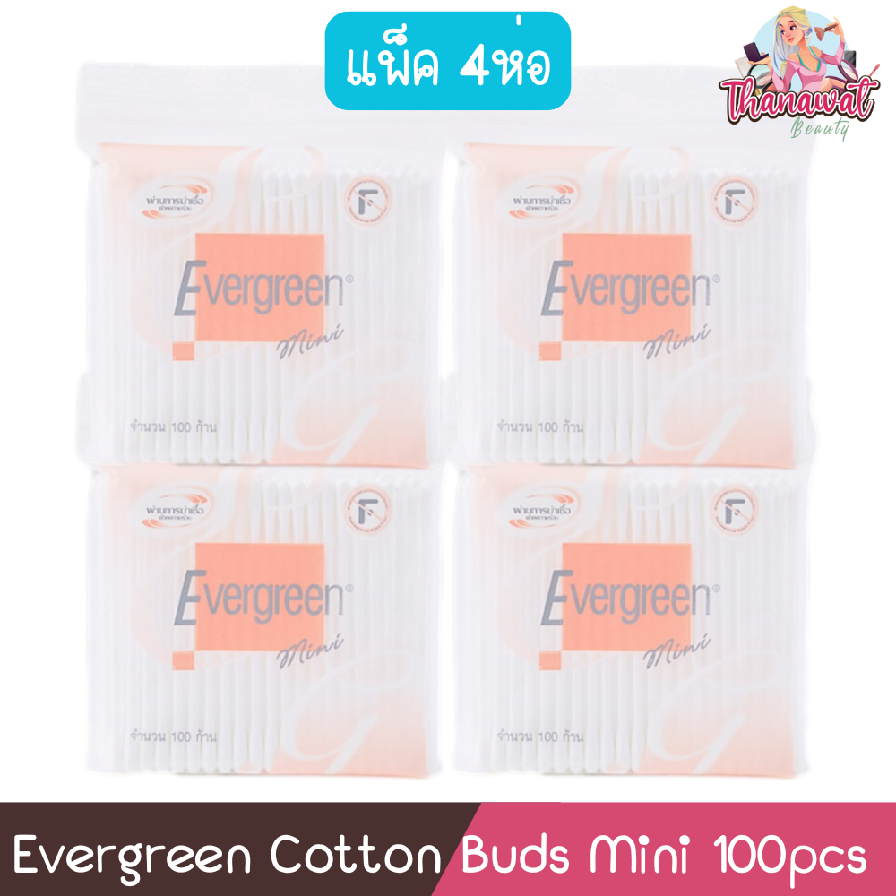 (แพ็ค 4ห่อ ก้านเล็ก) Evergreen Cotton Buds Mini 100pcs เอเวอร์กรีน สำลีก้าน มินิ 100ก้าน