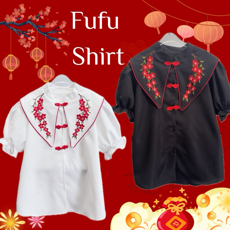 Fufu shirt เสื้อคอจีนแต่งปกคอบัวปักลายดอกไม้