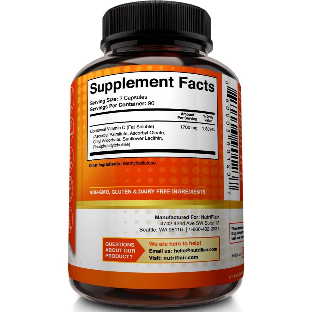 [ของแท้ 100% + พร้อมส่ง] 🧡 NutriFlair, วิตามินซี แบบเสริมการดูดซึม ⭐ Vitamin C Liposomal 1700mg, 180 Capsules - รูปที่ 2