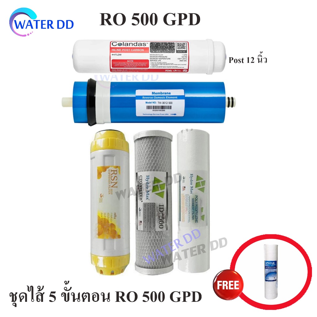 ชุดไส้กรองน้ำ 5 ขั้นตอน ระบบ RO 500 GPD มี เรซิ่น (Resin) แถมฟรี ไส้ PP 1 ชิ้น