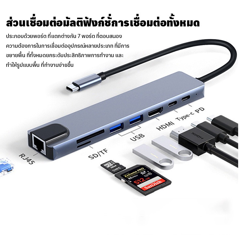 8-in-1 USB C HUB ประเภท C ถึงอะแดปเตอร์HDMI Type-C ถึงUSB 3.0 RJ45 เครื่องอ่านการ์ดPD สําหรับMacbook คอมพิวเตอร์โน้ตบุ๊ค
