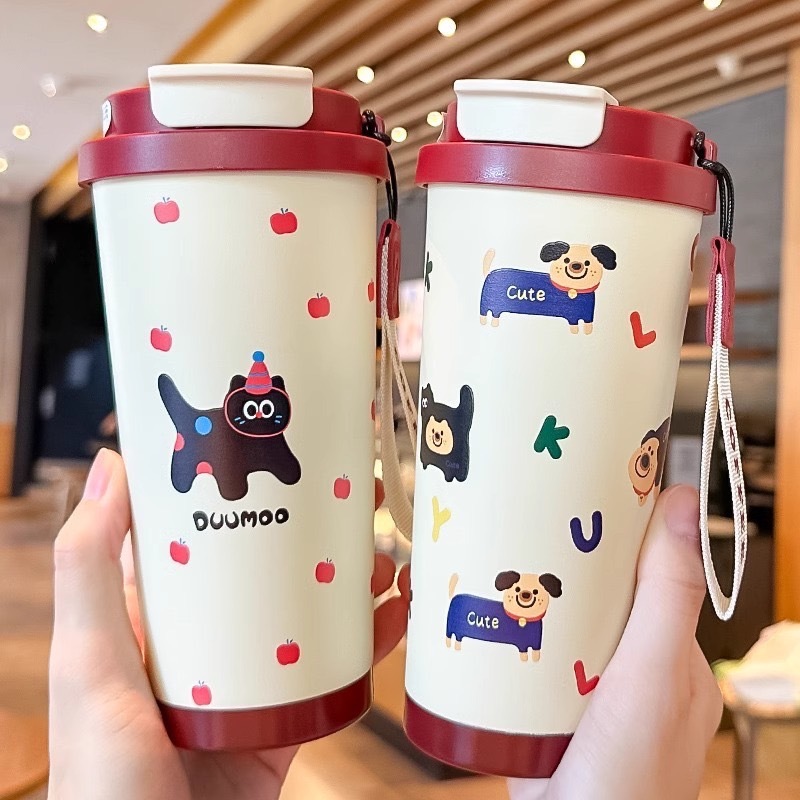 แก้วน้ำ 530ml สแตนเลส316 แถมมีสายห้อย แก้วเก็บความร้อน ความเย็น ลายการ์ตูนน่ารักๆ พร้อมส่งจากไทย