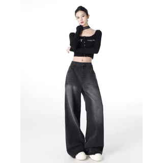 (S-3XL) Jinjeans กางเกงยีนส์ขากระบอกสีเทา แต่งเฟด (909เฟดหน้า-หลัง) Clothing ผู้หญิง เสื้อผ้า Women Lady