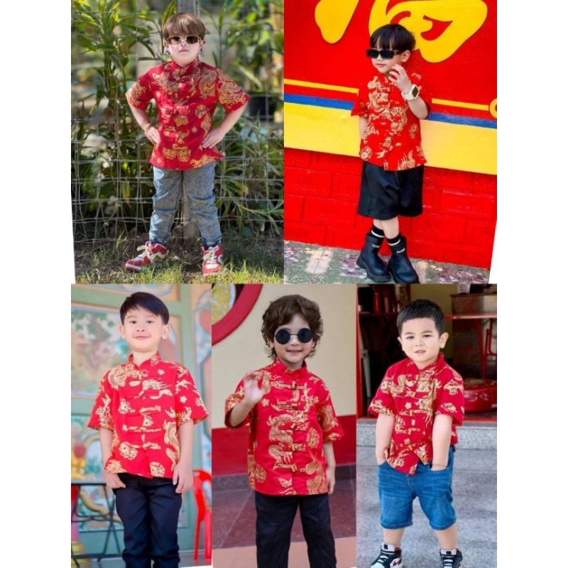 เสื้อเชิตตรุษจีนลายมังกรทอง เสื้อคอจีนเด็กผู้ชายสีแดงวันตรุษจีน