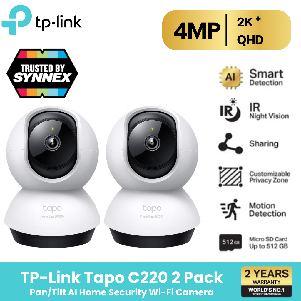 TP-Link ⚡️กล้องไวไฟ⚡️Tapo C220 [แพ็คคู่สุดคุ้ม] กล้องไวไฟ 4MP 2K+ QHD คมชัดพิเศษ Pan/Tilt AI Home Security