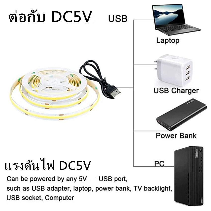 (ราคาสินค้าไม่รวมสวิตช์)แถบไฟเส้น LED ยืดหยุ่น 5V USB Strip COB ยืดหยุ่นกันน้ำสำหรับตู้ห้องน้ำตกแต่งบ้านทีวีห้อง