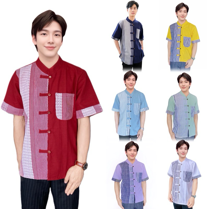 เสื้อผู้ชายคอจีนทูโทน ลายบาร์โค๊ด