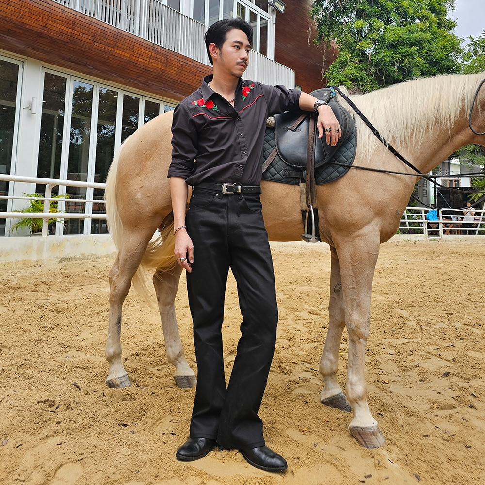 Golden Zebra Jeans กางเกงยีนส์ชายขาม้าเอวสูงสีสนิมเขียว สีดำซุปเปอร์แบล็ค #229GR - รูปที่ 6