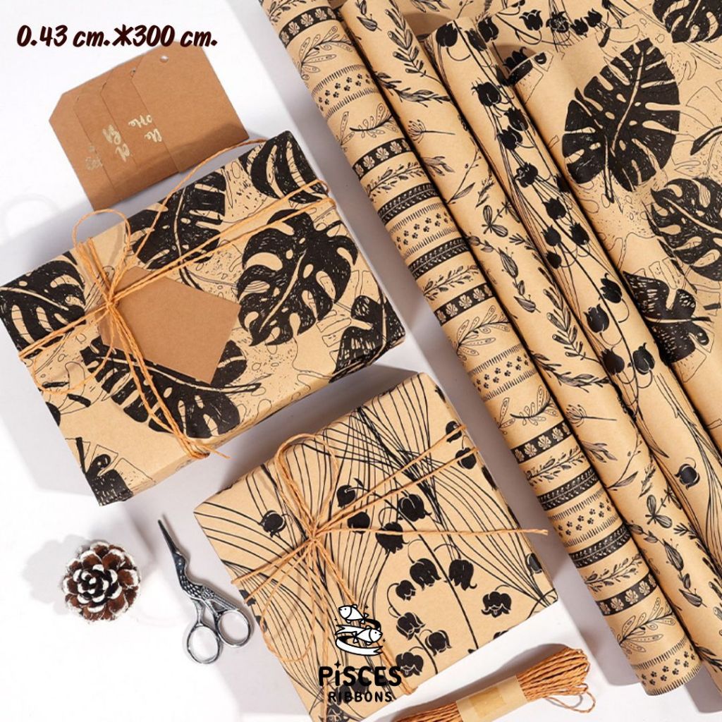 【1 แผ่น】* Tropical Leaf Kraft Wrapping Paper กระดาษคราฟท์ห่อของขวัญพิมพ์ลายใบไม้และดอกไม้  ขนาด 0.43 x3 m. [GW-0003]