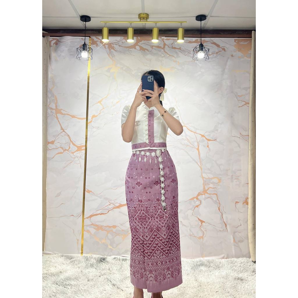 🚩ราคาถูก🚩Z105(เฉพาะผ้าถุง)ผ้าถุงสำเร็จผ้าทอลายสีชมพูอมม่วงอัดกกาวทั้งตัว#ชุดไทยประยุกต์ #ชุดไทย #ชุดไทยราคาถูก