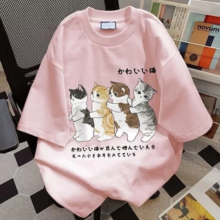 NEW เสื้อยืดคอกลมแขนสั้น วินเทจ ลายแมวน่ารัก ผ้านิ่มใส่สบาย ES400