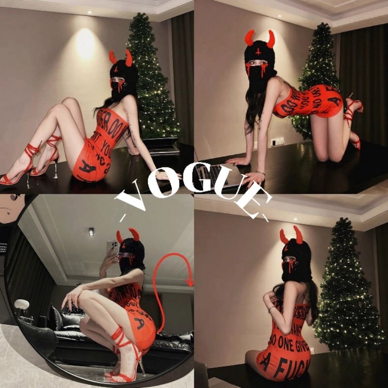 Vogue พร้อมส่ง ชุดมินิเดรส รัดรูป สีแดง ดีเทลสกันลายตัวอักษร (FY2759)