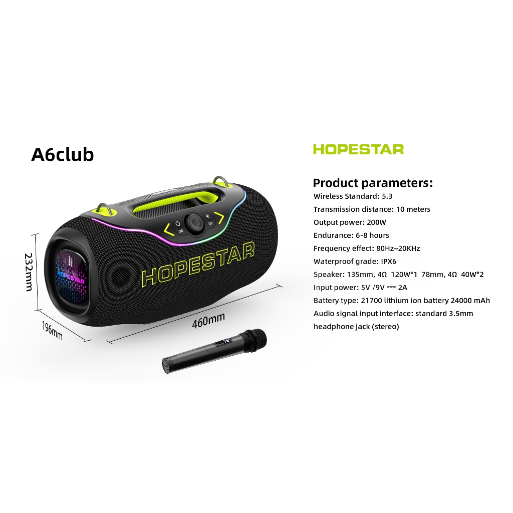 Hopestar A6Club ลำโพงบลูทูธ 200วัตต์ พร้อมไมค์ลอย1อัน ลำโพง3ดอก มีไฟRGB ปรับเบส3โหมด ของแท้100%