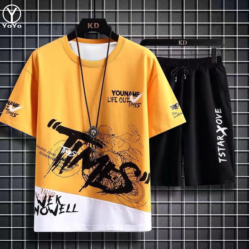 YOYO ชุดแฟชั่นชายเสื้อยืดแขนสั้น + กางเกงขาสั้น ผ้าแห้งเร็วหลวมชุดกีฬาและชุดพักผ่อน รุ่น2804