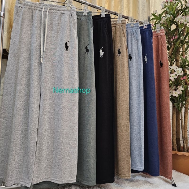 กางเกงขายาวปักม้าPolo ผ้าสลาฟเกาหลี ผ้านิ่ม มีกระเป๋า เอว24-36นิ้ว พร้อมส่งในไทย