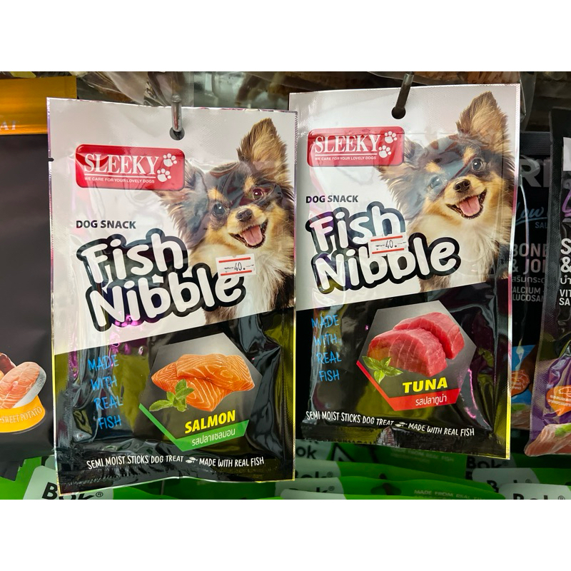 sleeky fish nibble ขนมสุนัข รสปลาแซลมอนและรสทูน่า ขนาด 50g