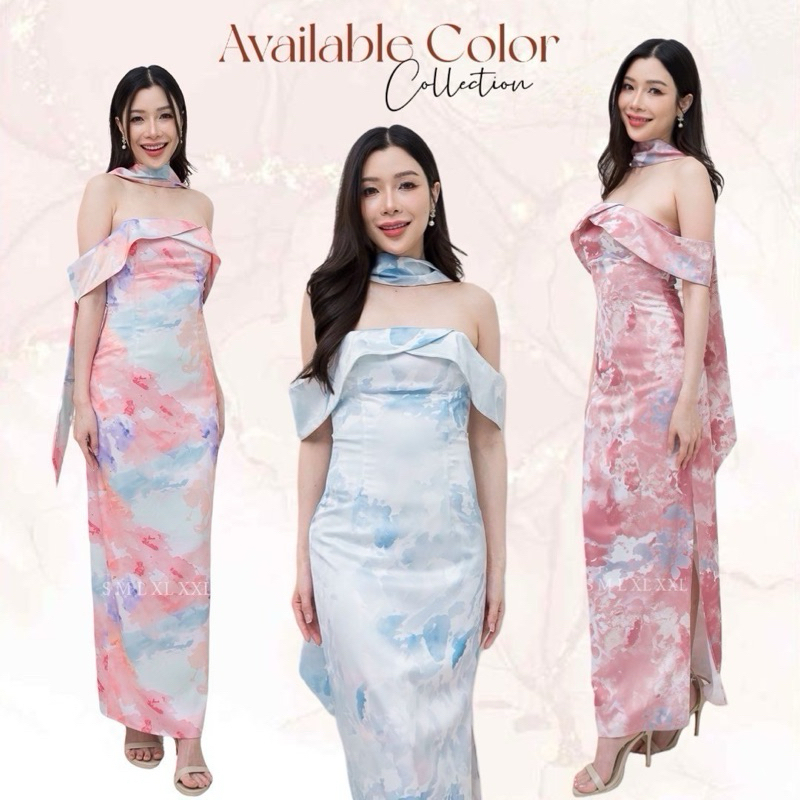 ชุดเดรส ชุดออกงาน ชุดราตรี F297 เกาะอกอ้อมแขน แถมผ้าพันคอ