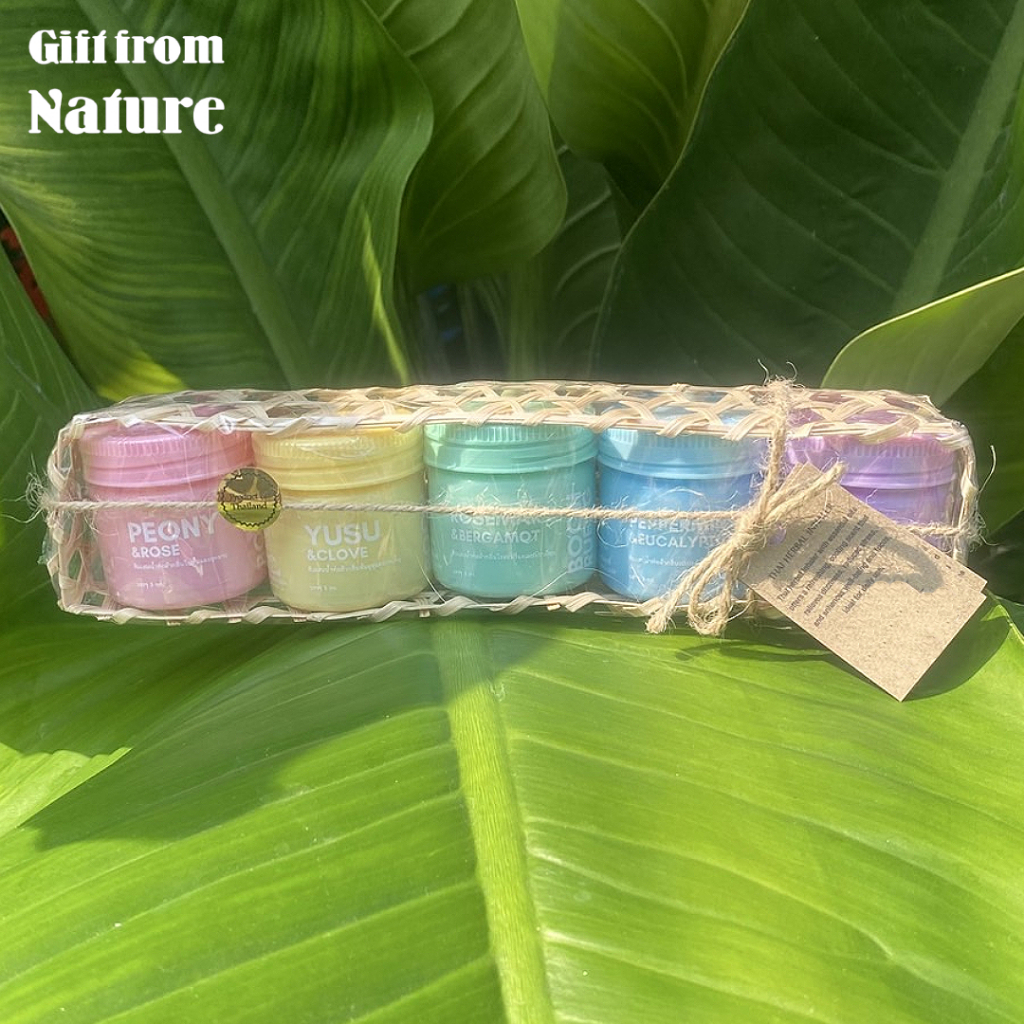หมอบุญเรือง ชุดเซต ยาดม 5 กลิ่น 3 กรัม สีพาสเทล ใส่ตะกร้าไม้ไผ่สาน ของขวัญ ของฝาก กลิ่นดอกไม้ สมุนไพร กลิ่นหอม สดชื่น