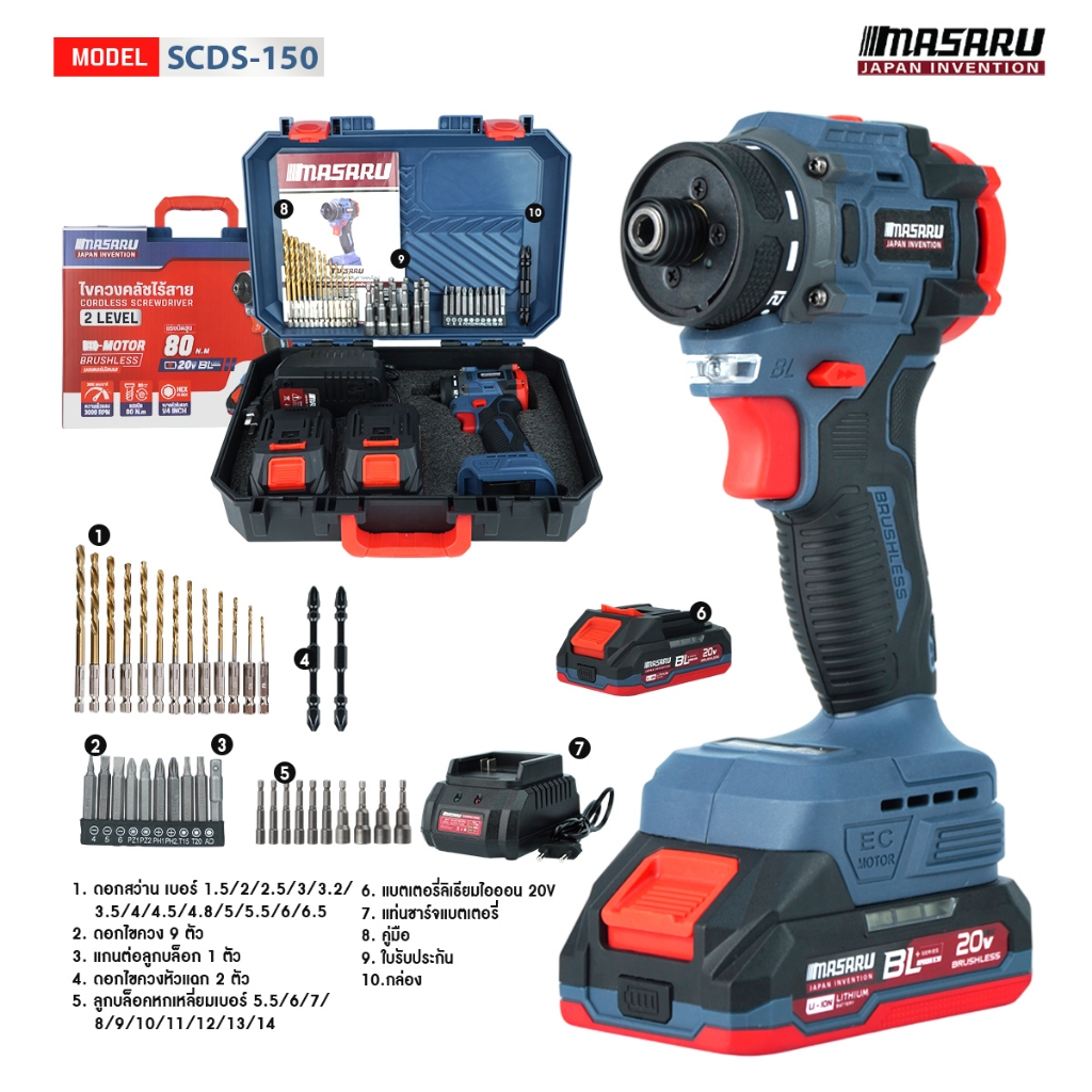 ไขควงคลัชไร้สายรุ่น SCDS-150 แบตเตอรี่ลิเทียม BL Series 20V สว่านไร้สาย ไขควงกระแทก ครบชุด แท่นชาร์จ สว่านmasaru