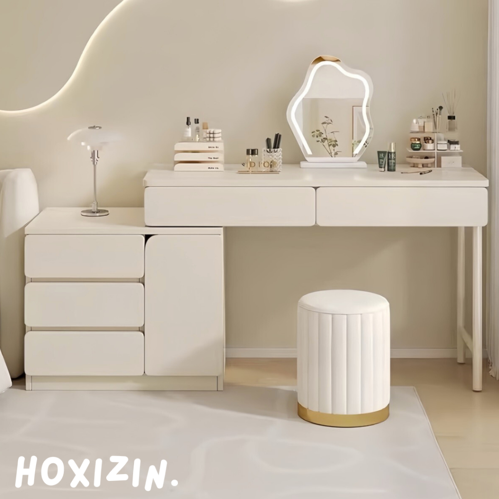 โต๊ะเครื่องแป้งสไตล์มินิมอล+กระจกมีไฟ Dressing Table โต๊ะแต่งหน้ามีลิ้นชัก ปรับขนาดได้ สีขาวมุกนมสด