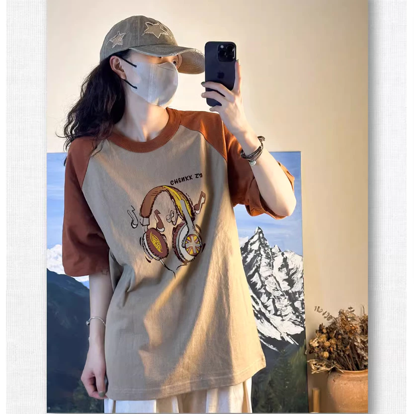 เสื้อยืดสวยๆผู้หญิงที่กําลังฮิต  oversize เสื้อผ้าแฟชั่นไซส์ใหญ่น่ารัก เสื้อโอเวอร์ไซส์เกาหลี สีทูโทน พิมพ์ลายวินเทจ thumbnail 10
