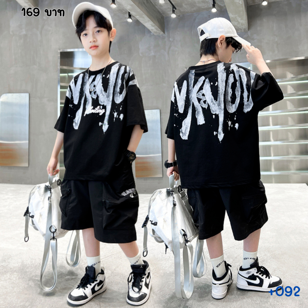 +092 ชุดเซ็ตเสื้อยืดสีดำ+ กางเกงขาสั้นสีดำ