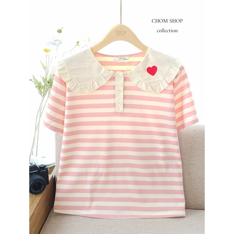 พร้อมส่ง เสื้อยืด เสื้อผู้หญิง ป้ายChom อกหน้าผ้า42 ยาว24 ผ้ายืด ผ้าคอลตอล คอบัว ติดกระดุม 3 เม็ด แขนสั้น งานปักลายน่า
