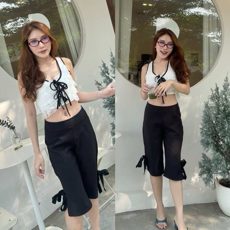 Capri กางเกงขาสามส่วน ผูกโบว์ปลายขา สาวy2k