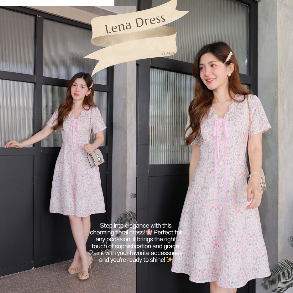 Romi"Oil" Lena Dress (Pink) K115 ชุดเดรสสีชมพู (คอวีแต่งกระดุมหน้า)