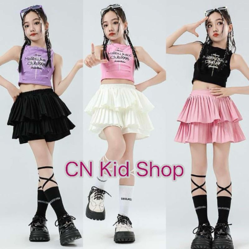 (พร้อมส่ง) ชุดเซตเสื้อแขนกุด กางเกงกระโปรงสไตล์แจ๊สแดนซ์ สำหรับเด็กผู้หญิง (แยกขาย) แพทเทิร์นมาเล็กแนะนำเผื่อ 2 ไซส์นะคะ