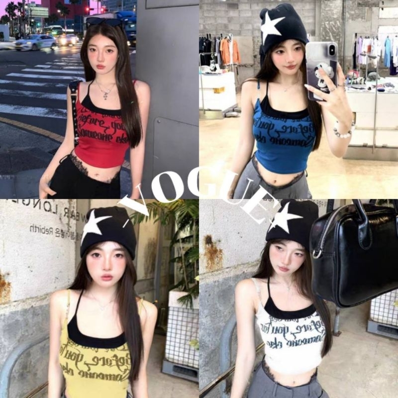 Vogue พร้อมส่ง เสื้อสายเดี่ยว มีฟองน้ำ ดีเทลสองชั้น สกีนตัวอักษร (FY6907)