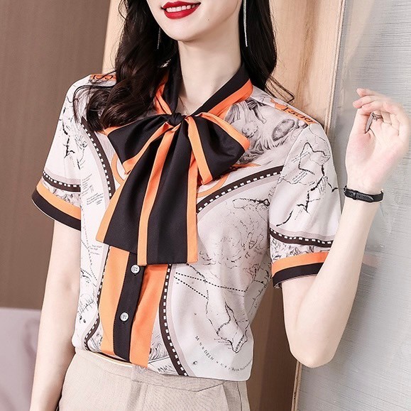 (B80-B82) เสื้อเชิ้ตแขนสั้น คอผูกโบว์  ลายกราฟฟิค แฟชั่นใหม่ สีสันสดใส สำหรับคูณผู้หญิง ใส่ได้ทุกโอก