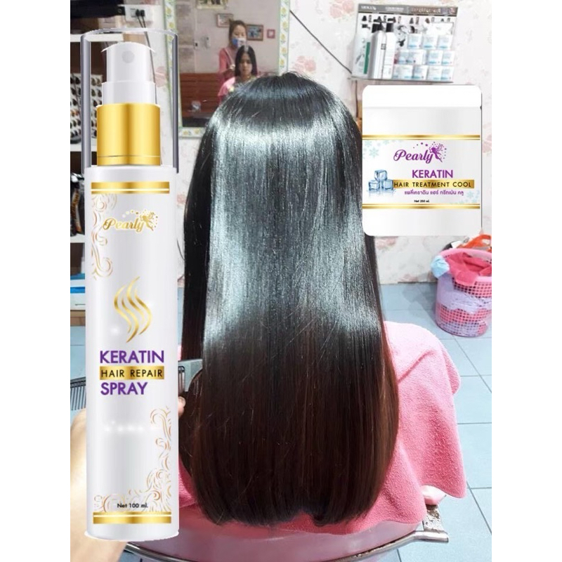 ทรีทเม้นแพลี่เคราติน250ml.&แพลี่เคราตินสเปย์เคลือบแก้ว100ml.ฟื้นฟูผมเสียเร่งด่วน
