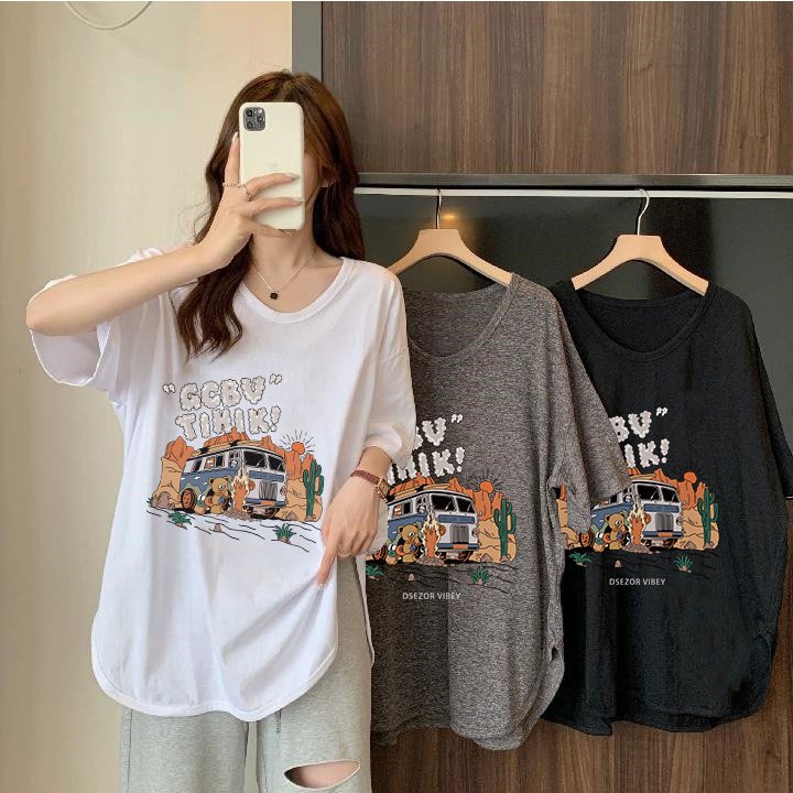 เสื้อแฟชั่นผู้หญิงน่ารักเกาหลี oversize เสื้อผ้าสาวอวบไซส์ใหญ่ 40-100กิโลกรัมสวยๆ เสื้อโอเวอร์ไซส์แขนสั้นแบบหลวมมาใหม่