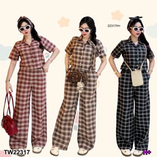 Set ลายสก็อต 3 ชิ้น เสื้อครอป +กางเกงขายาว +สายผูกโบว์ TT223…
