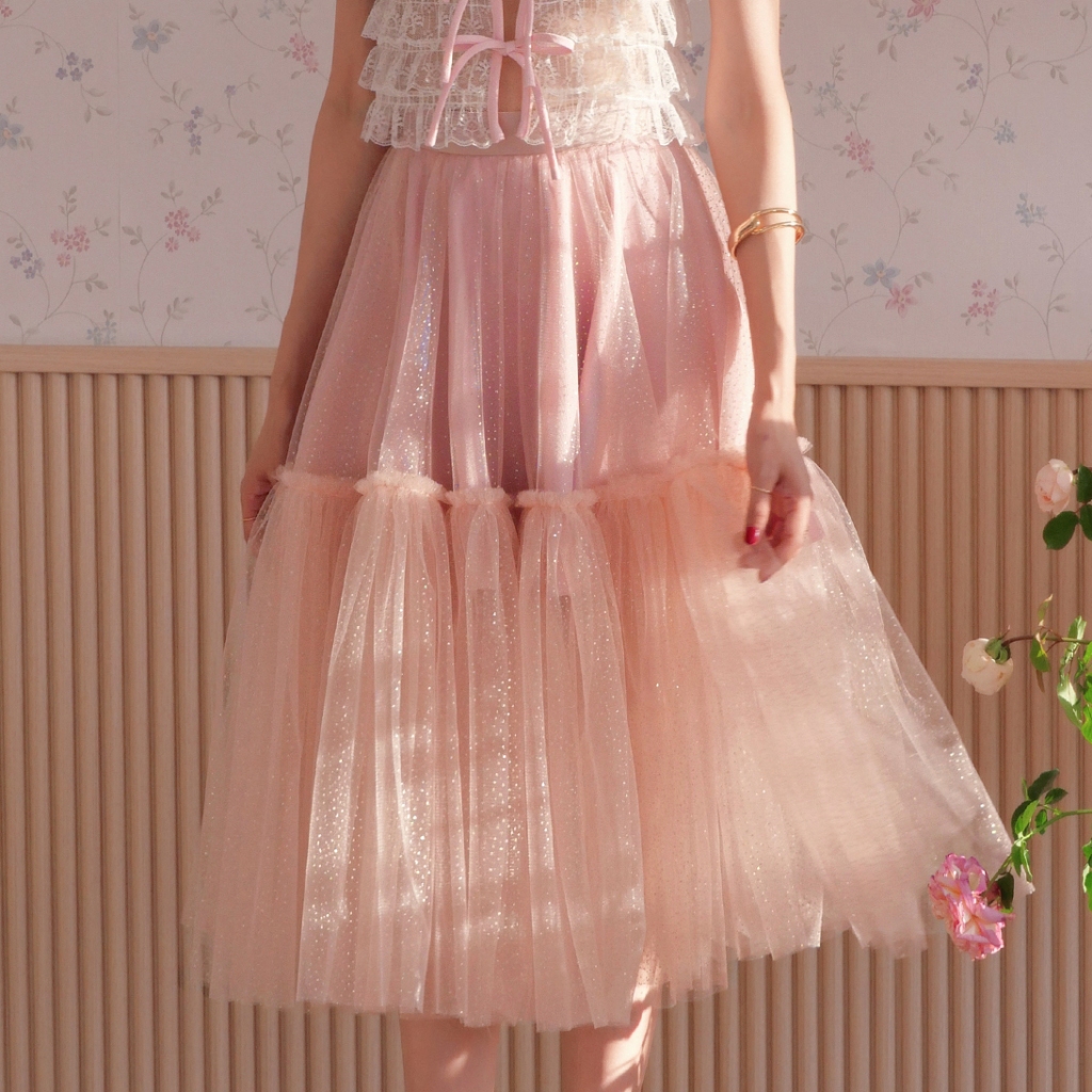 LUCA STUDIO_Pink Callie skirt - กระโปรงทรงบาน ผ้าตาข่าย Glitter ตัดต่อรูประบาย2ชั้น มีซับใน ซิปซ่อนด้านหลัง