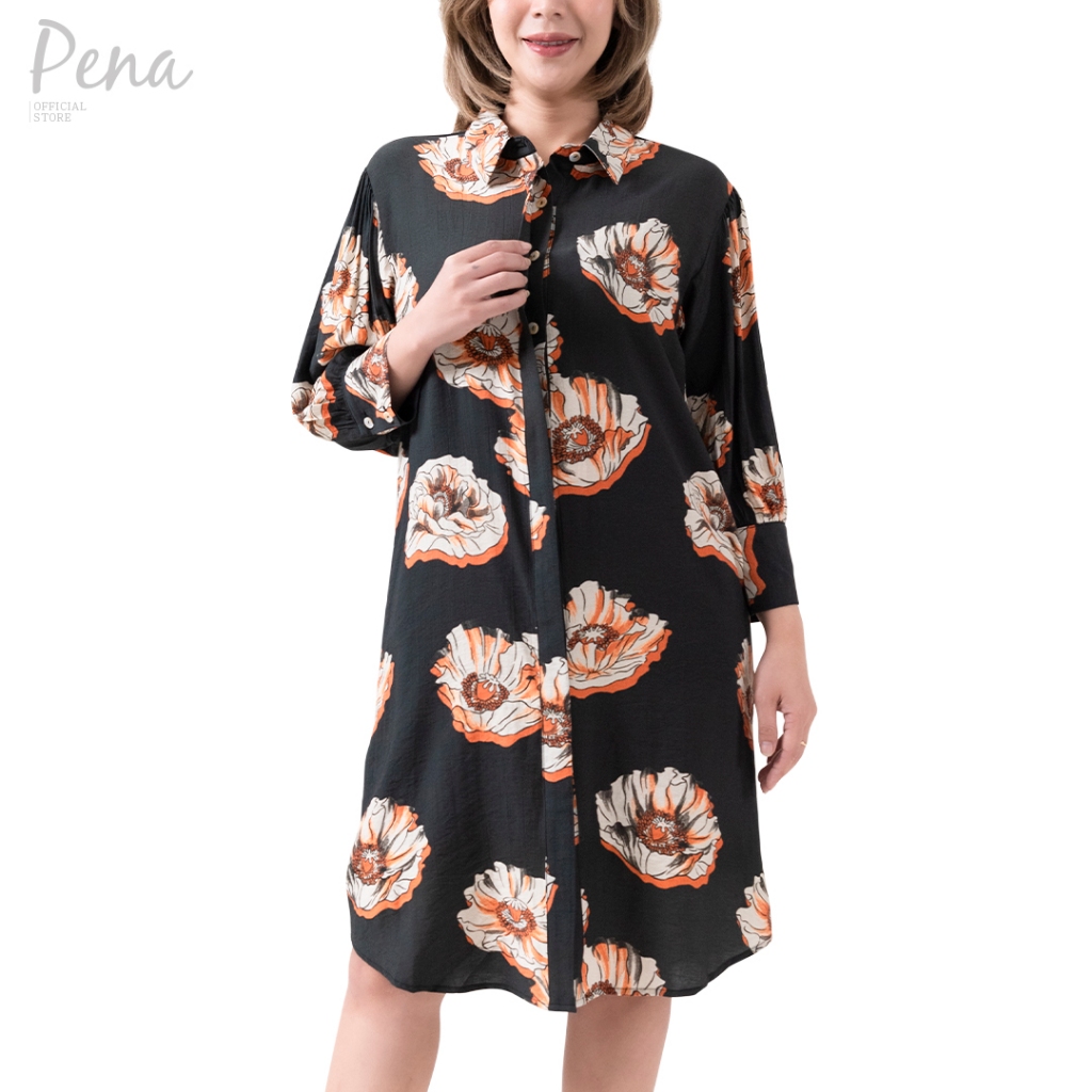 Pena house ชุดเดรสยาวทรงหลวม คอปกเชิ๊ต แขนสามส่วน PODL012502