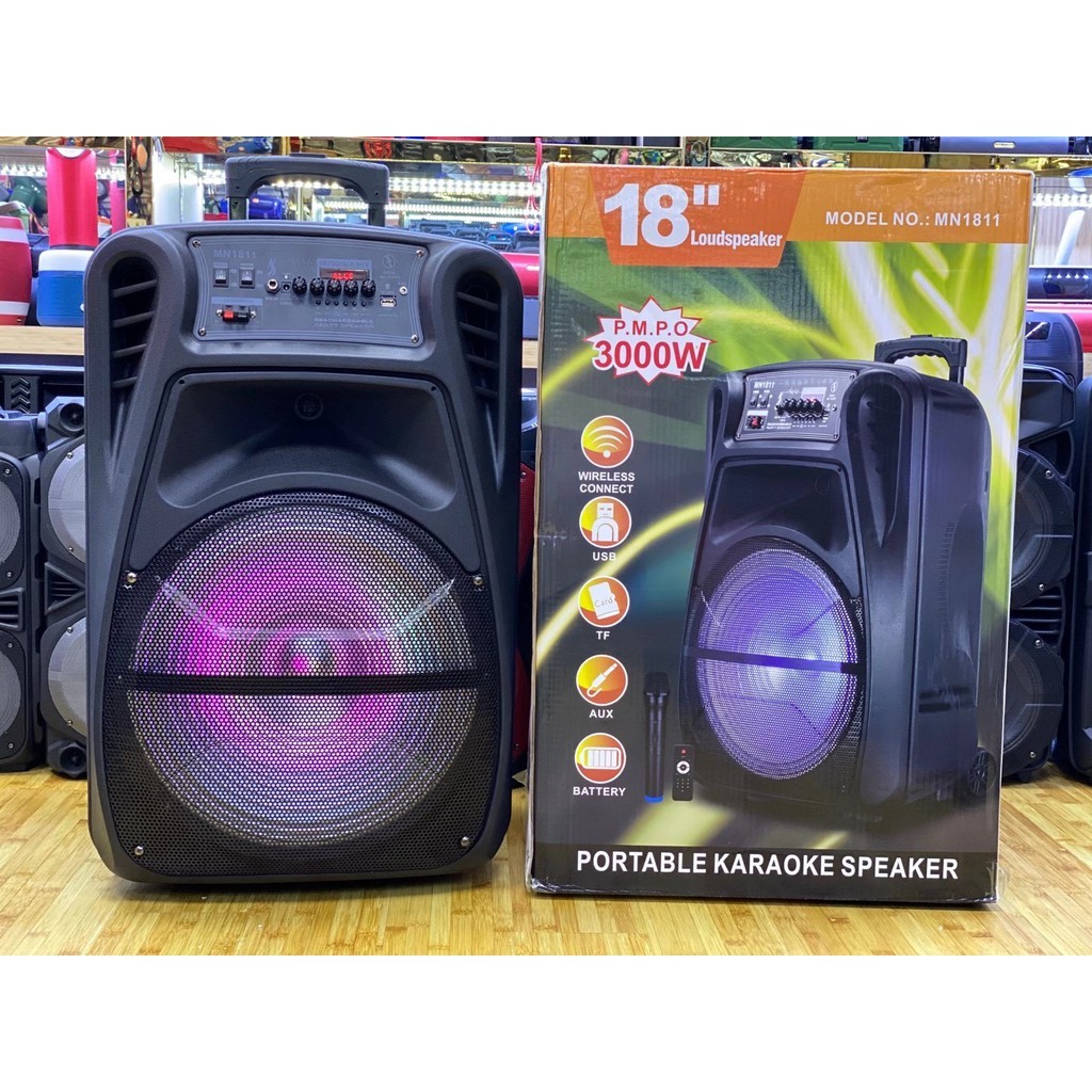 MN1811 ตู้ลำโพง 18 นิ้ว ตู้ลำโพงขยายเสียงเคลื่อนที่มีคันชักล้อลากเสียงดีเบสหนักมากๆ ปรับแอคโค่ได้ แถมไมค์ลอย รีโมท