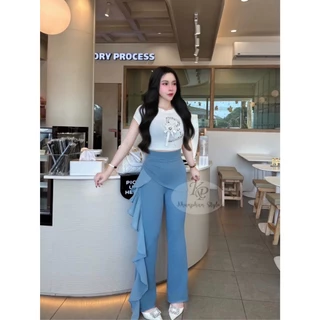 KP6 กางเกงขาม้าวูลเวฟแต่งชายระบายผ้าชีฟอง เอวสูงเหนือสะดือ พรางหุ่น สวย หรู Clothing เสื้อผ้า ผู้หญิง