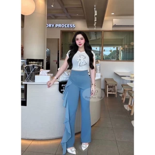 KP6 กางเกงขาม้าวูลเวฟแต่งชายระบายผ้าชีฟอง เอวสูงเหนือสะดือ พรางหุ่น สวย หรู Clothing เสื้อผ้า ผู้หญิง